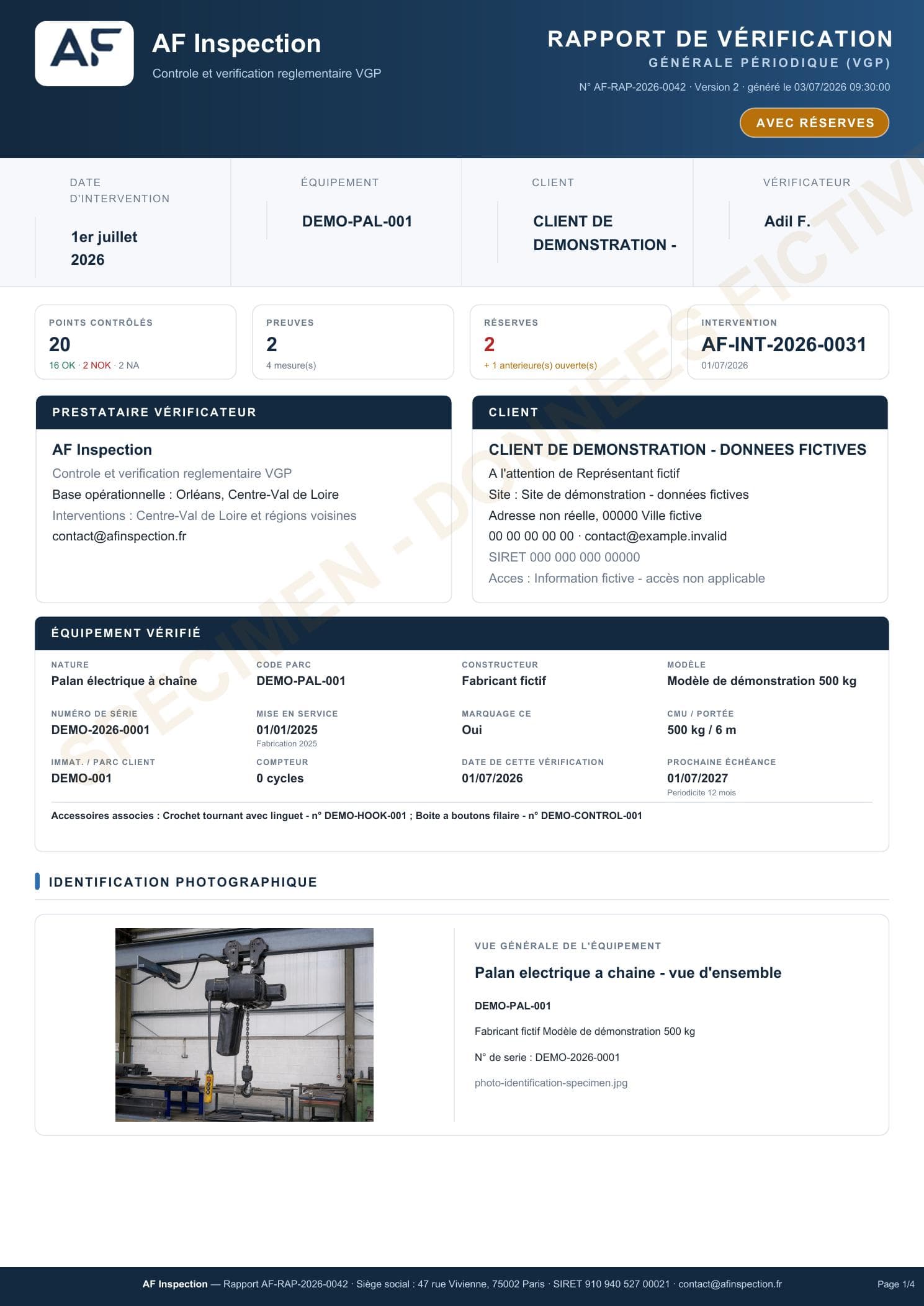 Première page du rapport VGP spécimen AF Inspection avec photo intégrée de l'équipement