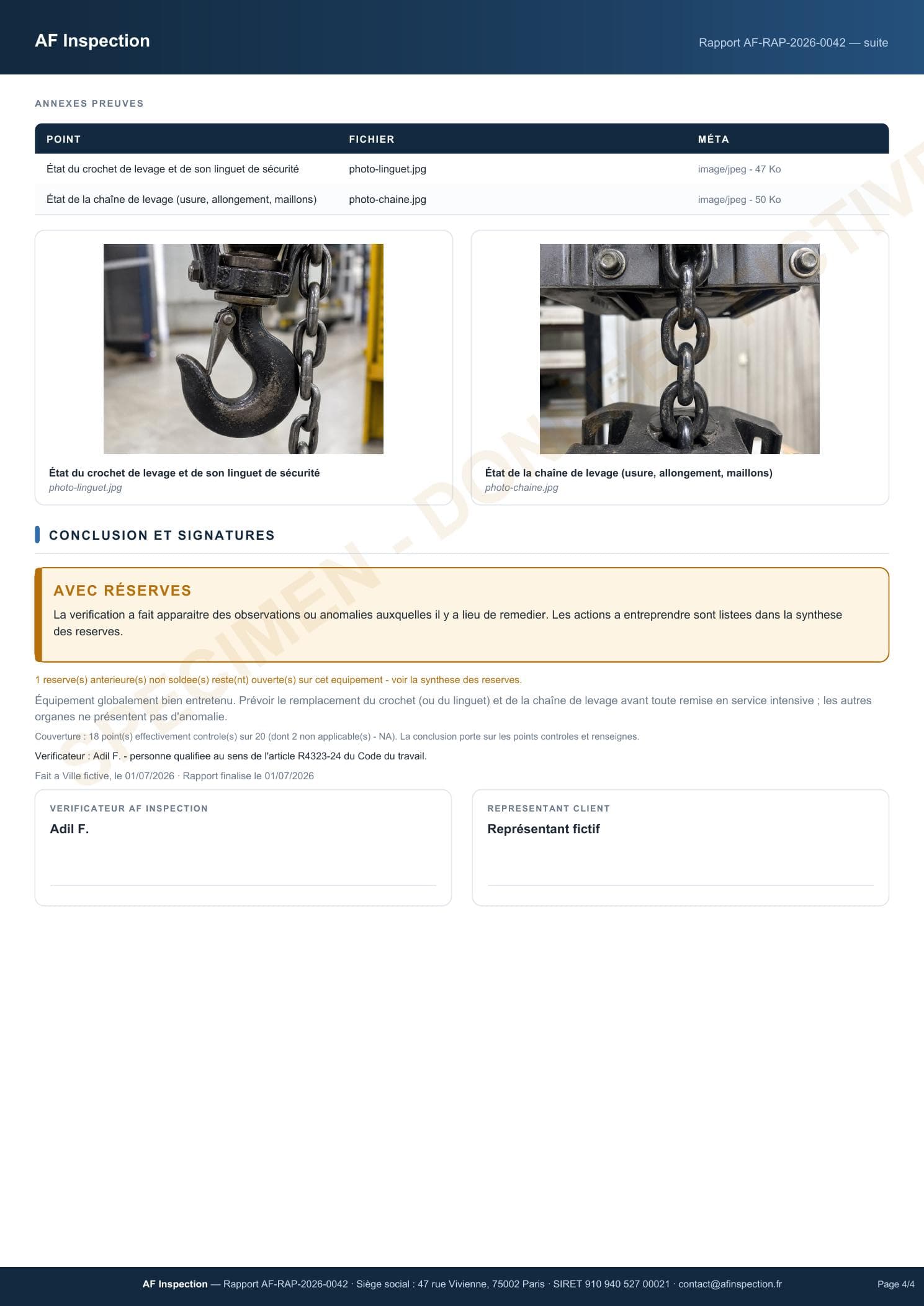 Page de preuves du rapport VGP spécimen avec photos intégrées du crochet et de la chaîne
